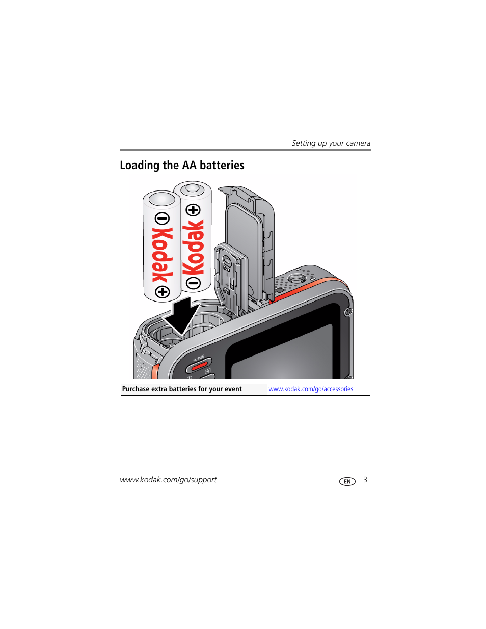Loading the aa batteries | Kodak SPORT C123 User Manual | Page 9 / 63