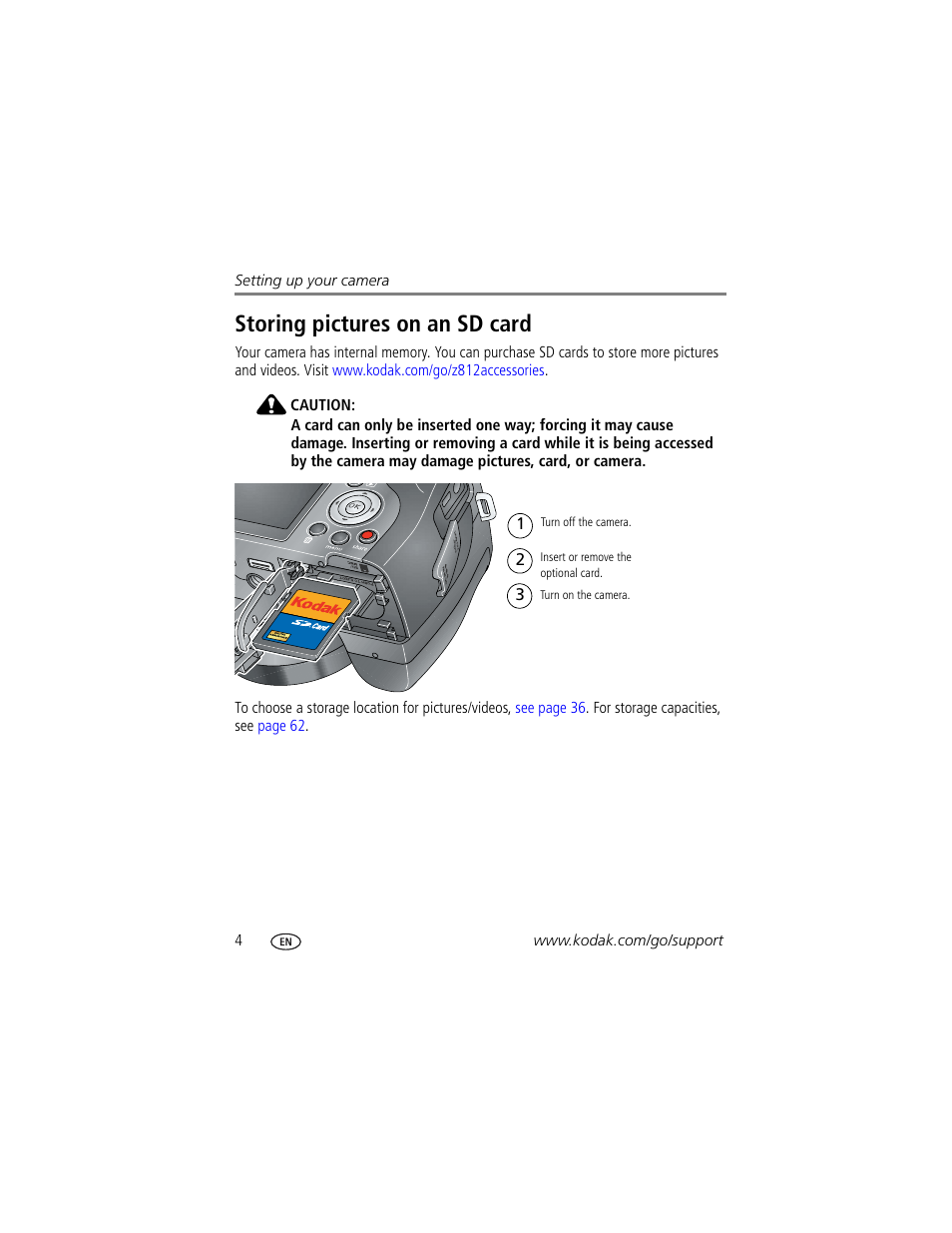 Storing pictures on an sd card | Kodak Z812 IS User Manual | Page 10 / 80