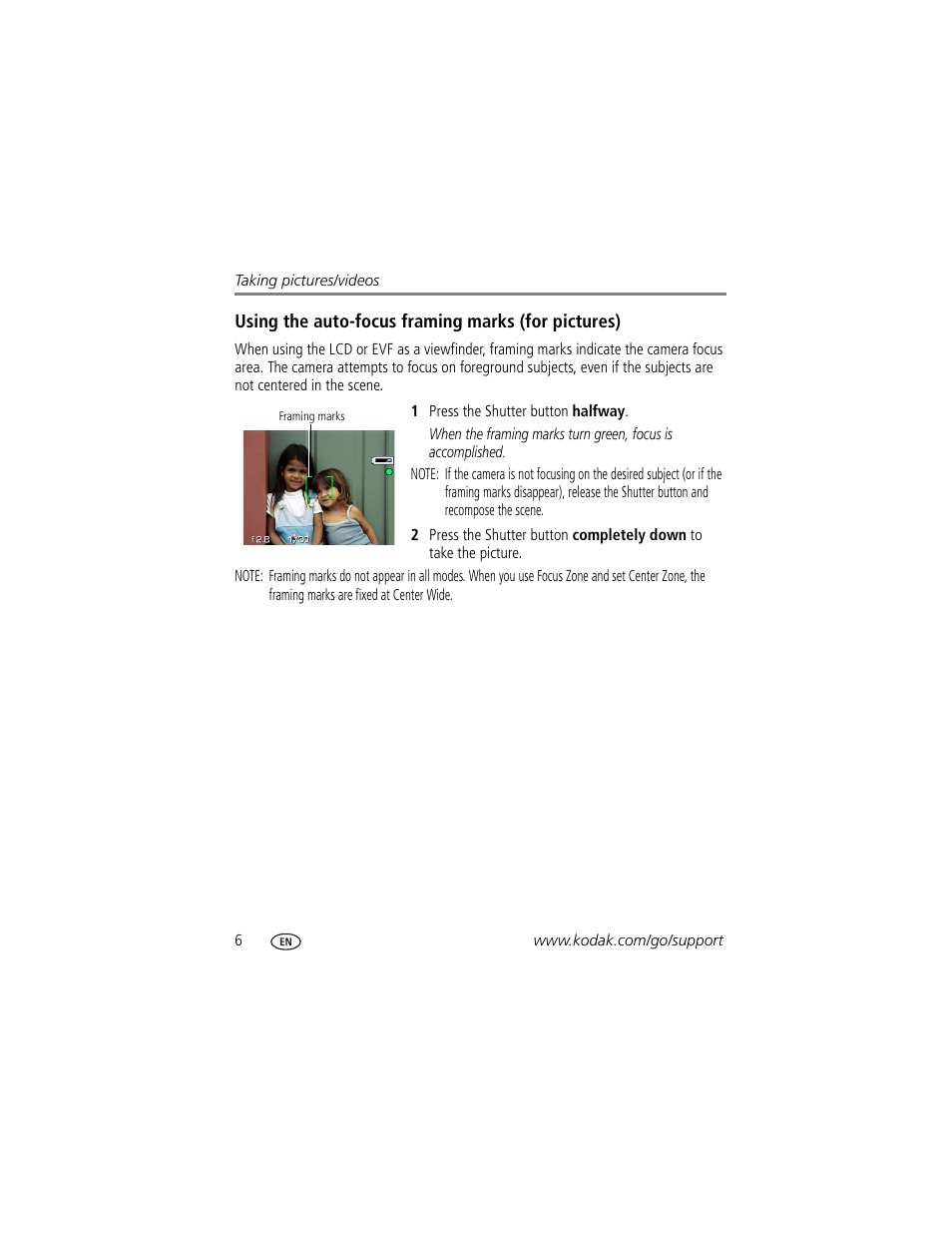 Using the auto-focus framing marks (for pictures) | Kodak Z812 IS User Manual | Page 12 / 80
