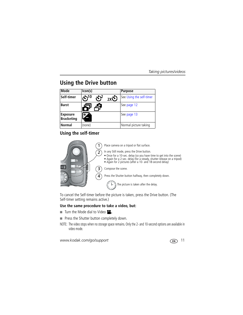 Using the drive button, Using the self-timer | Kodak Z812 IS User Manual | Page 17 / 80