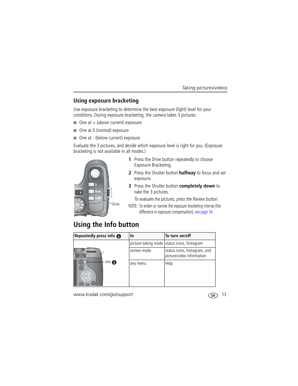 Using exposure bracketing, Using the info button | Kodak Z812 IS User Manual | Page 19 / 80