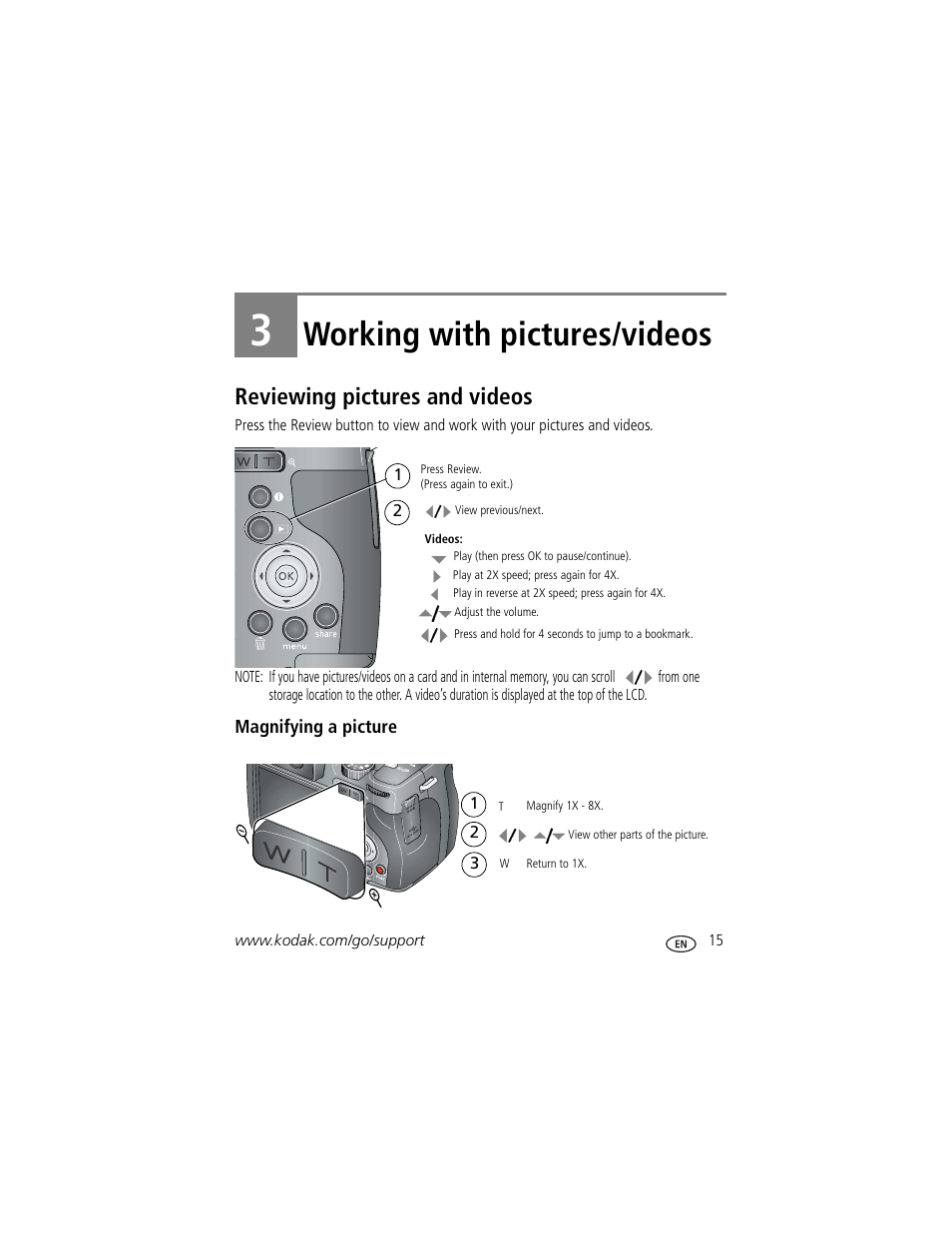 Working with pictures/videos, 3 working with pictures/videos, Reviewing pictures and videos | Kodak Z812 IS User Manual | Page 21 / 80