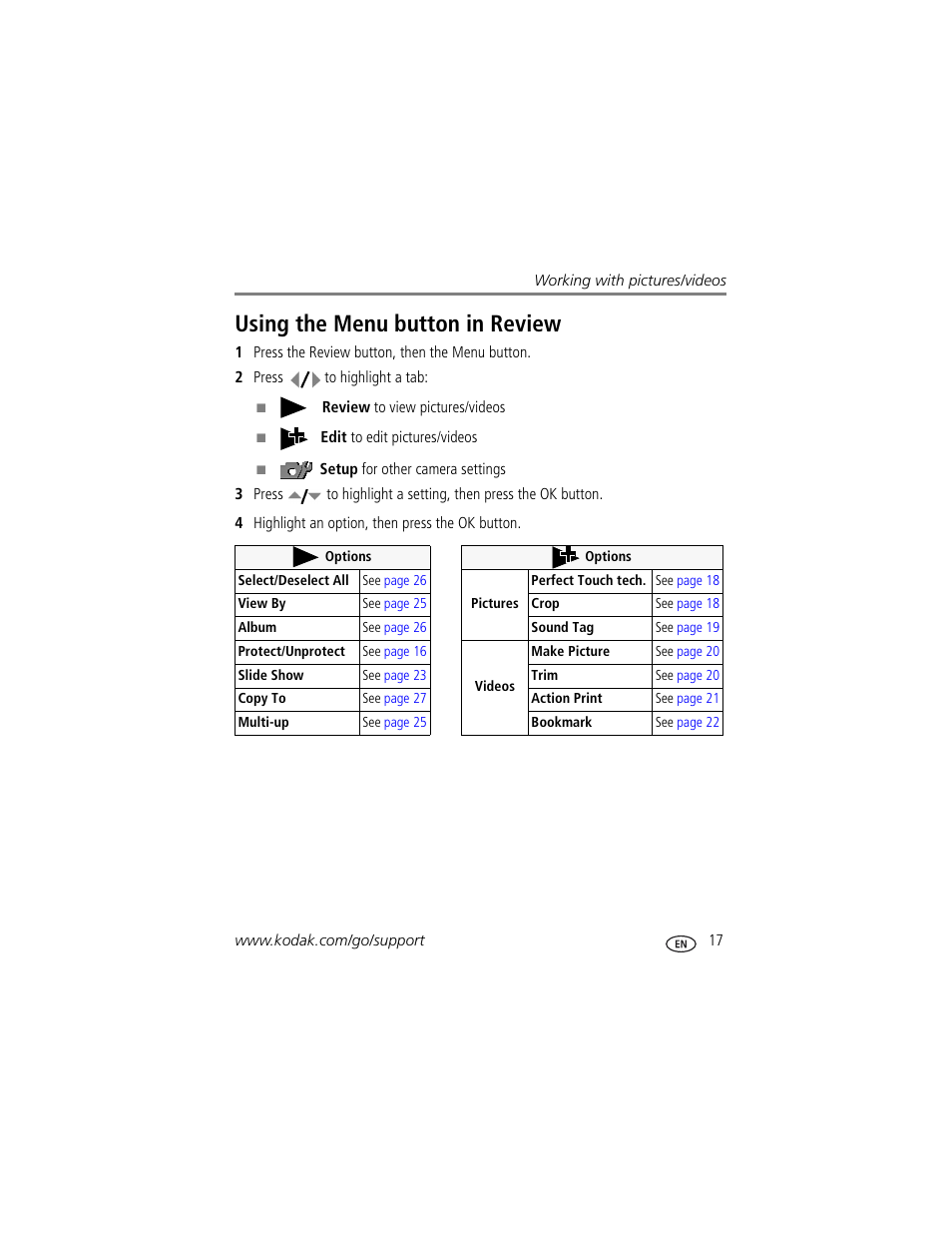 Using the menu button in review | Kodak Z812 IS User Manual | Page 23 / 80