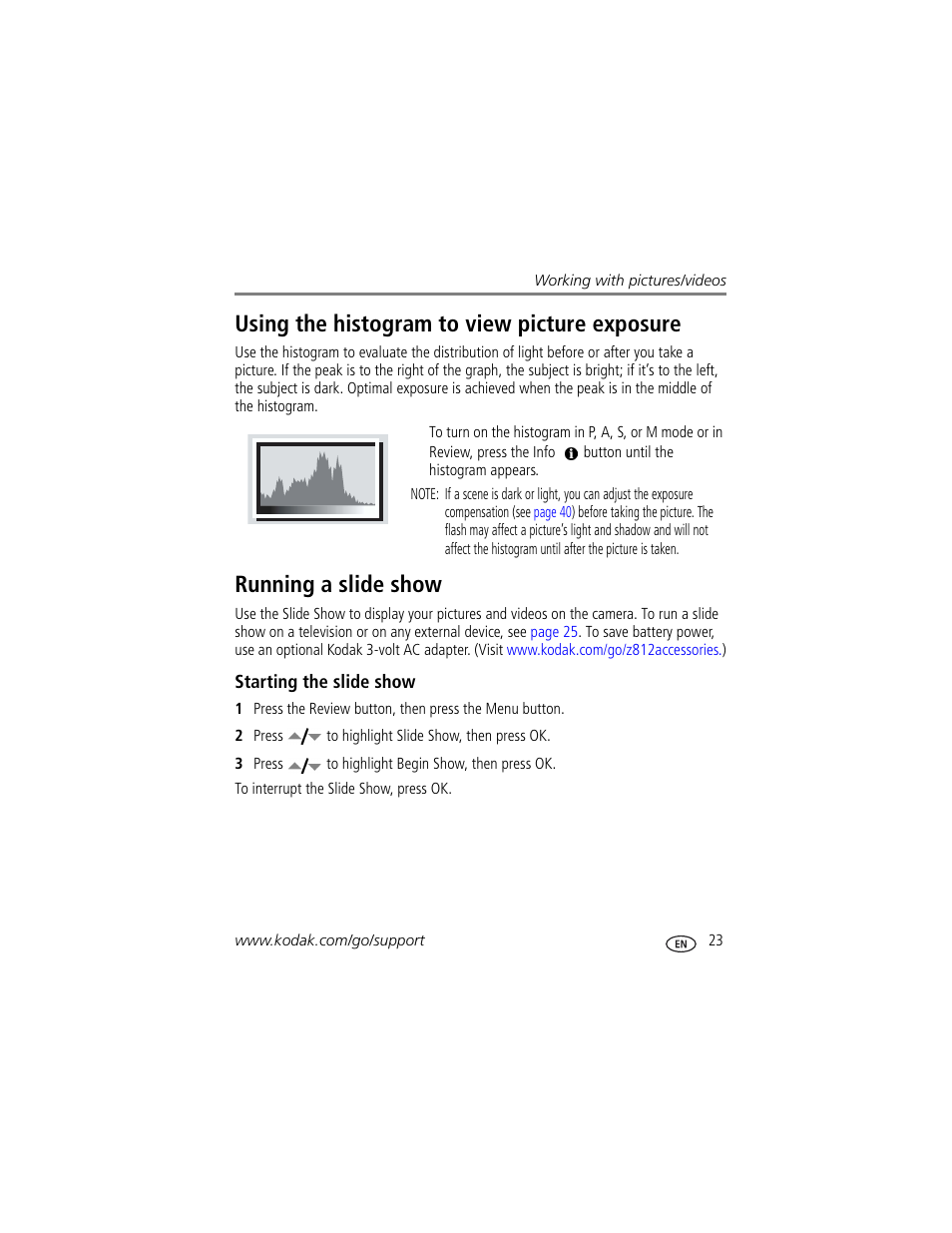 Using the histogram to view picture exposure, Running a slide show | Kodak Z812 IS User Manual | Page 29 / 80