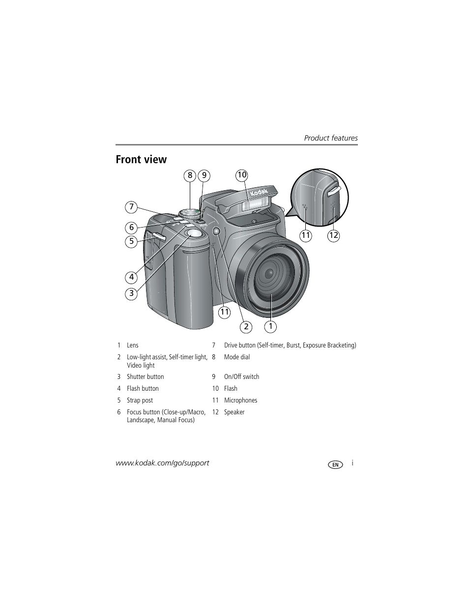 Product features, Front view | Kodak Z812 IS User Manual | Page 3 / 80