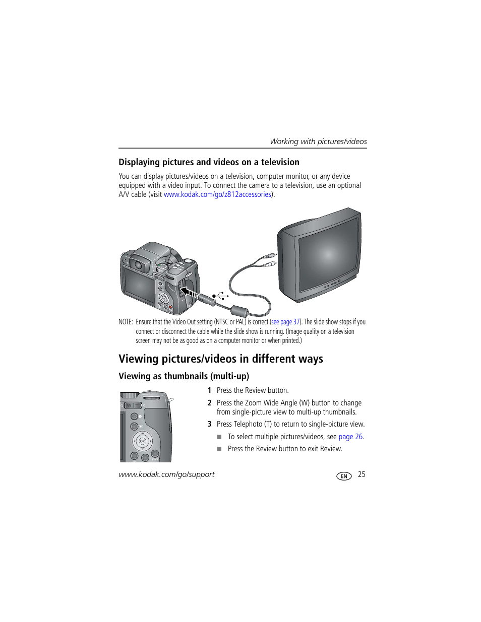 Displaying pictures and videos on a television, Viewing pictures/videos in different ways | Kodak Z812 IS User Manual | Page 31 / 80