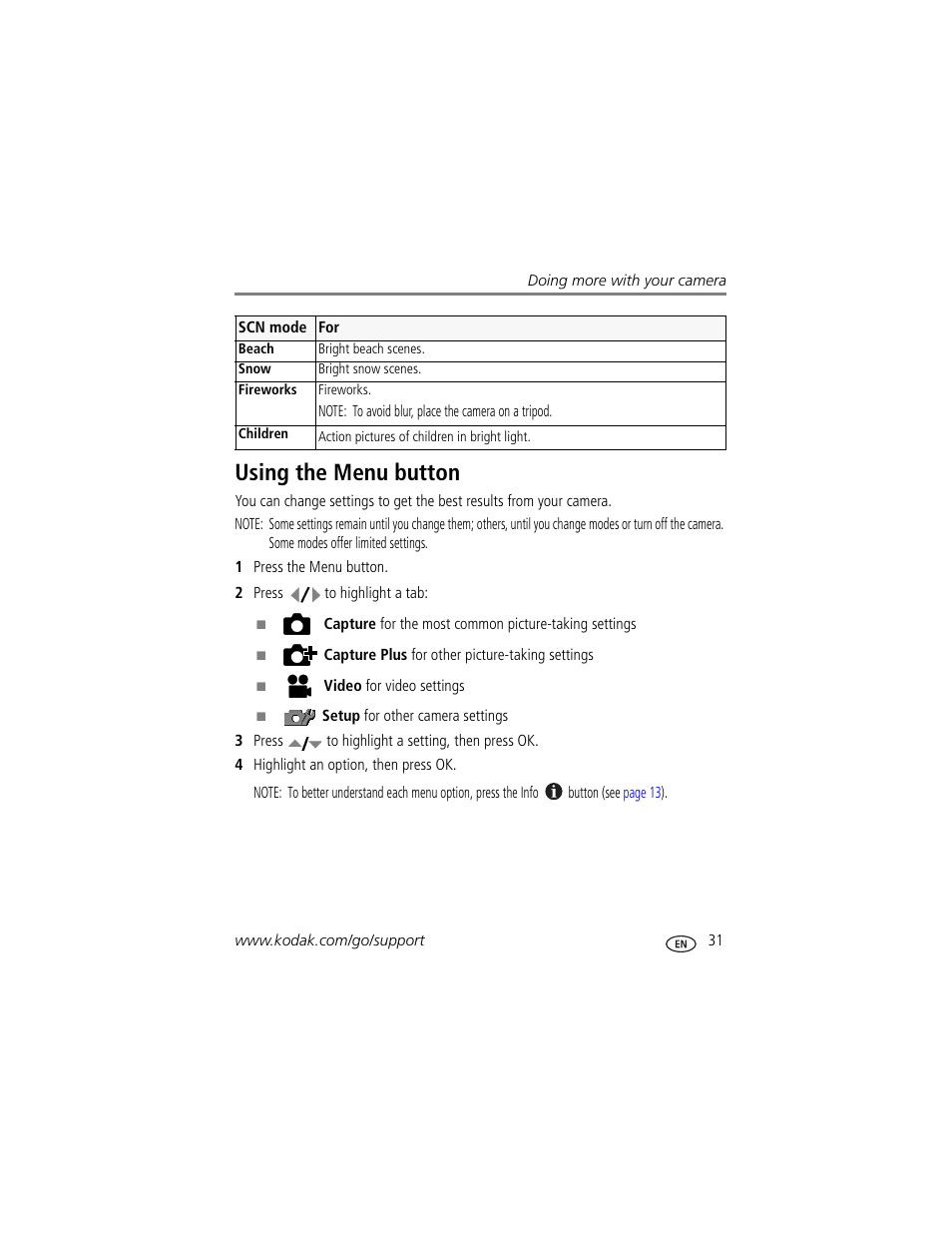 Using the menu button | Kodak Z812 IS User Manual | Page 37 / 80