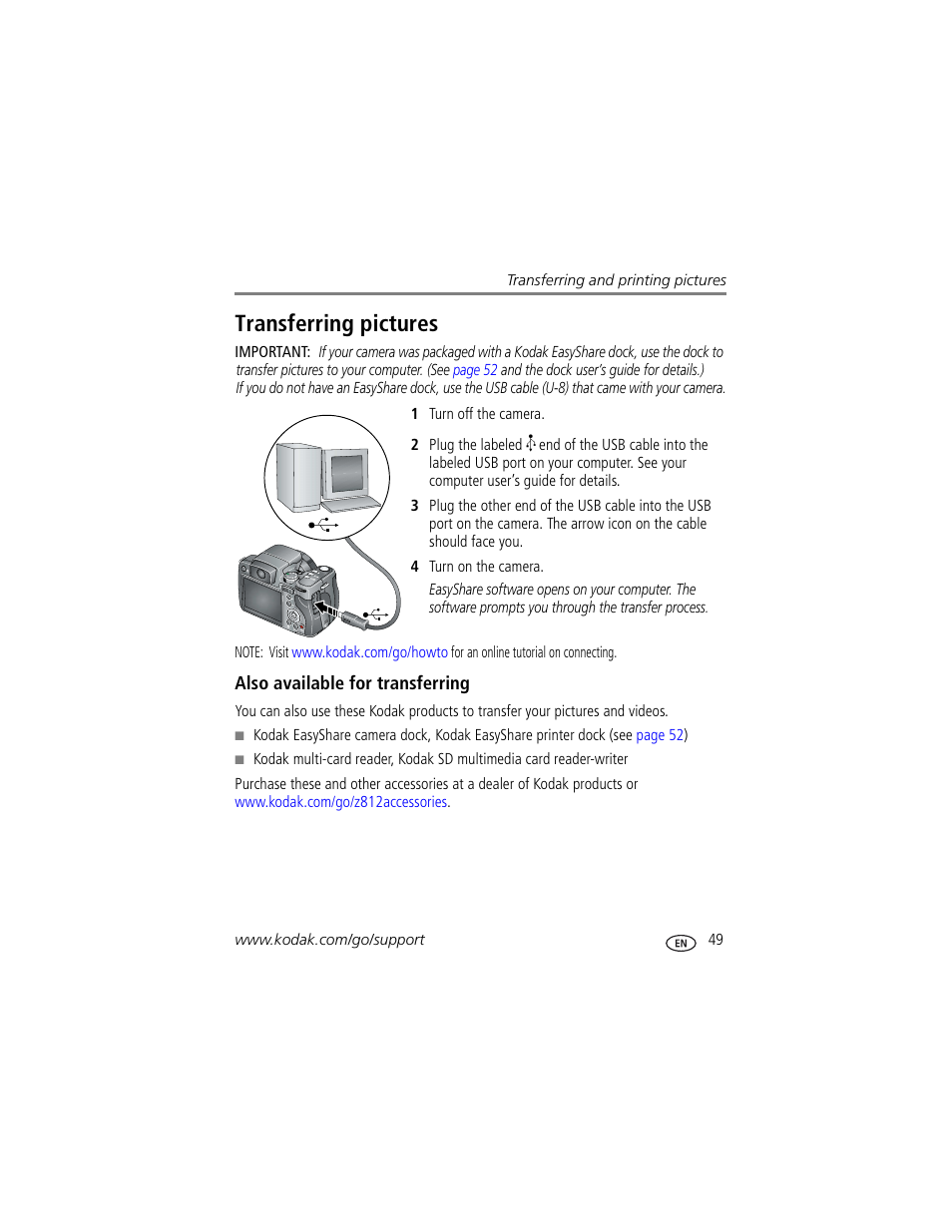 Transferring pictures | Kodak Z812 IS User Manual | Page 55 / 80