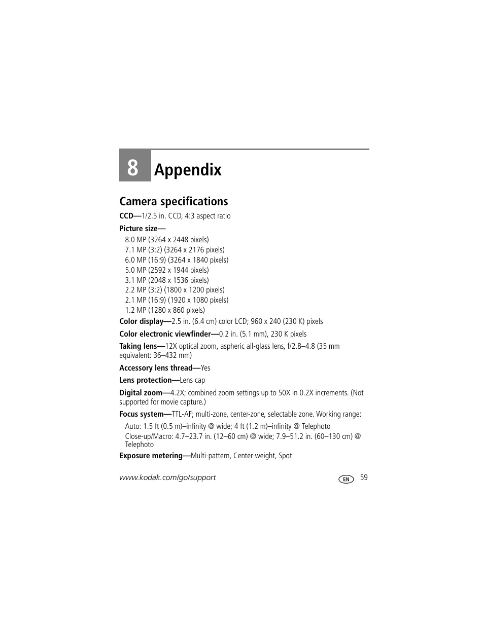 Appendix, 8 appendix, Camera specifications | Kodak Z812 IS User Manual | Page 65 / 80