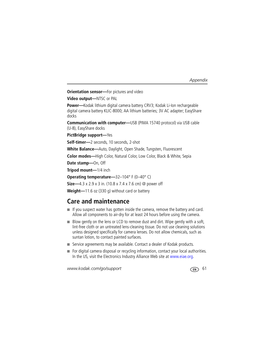 Care and maintenance | Kodak Z812 IS User Manual | Page 67 / 80