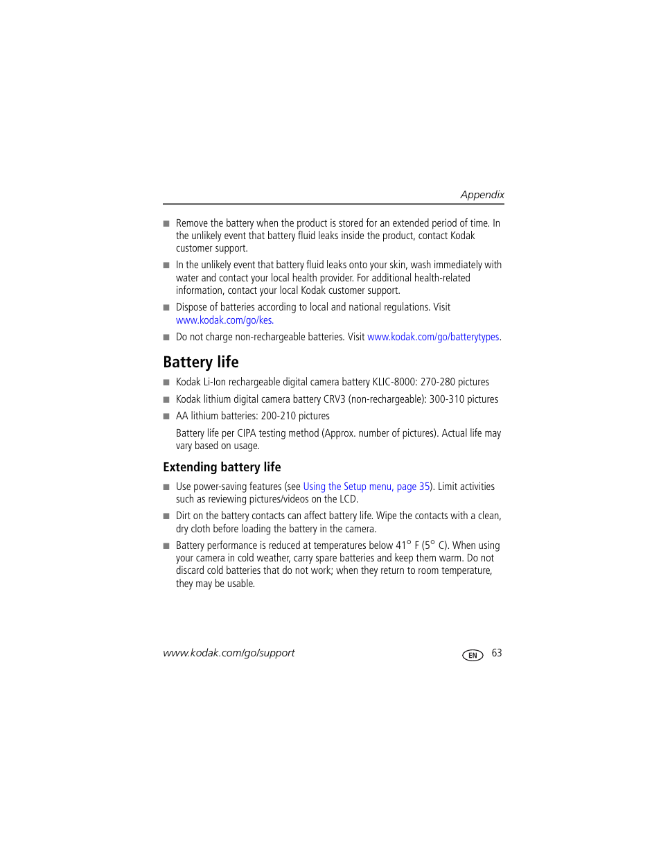 Battery life | Kodak Z812 IS User Manual | Page 69 / 80