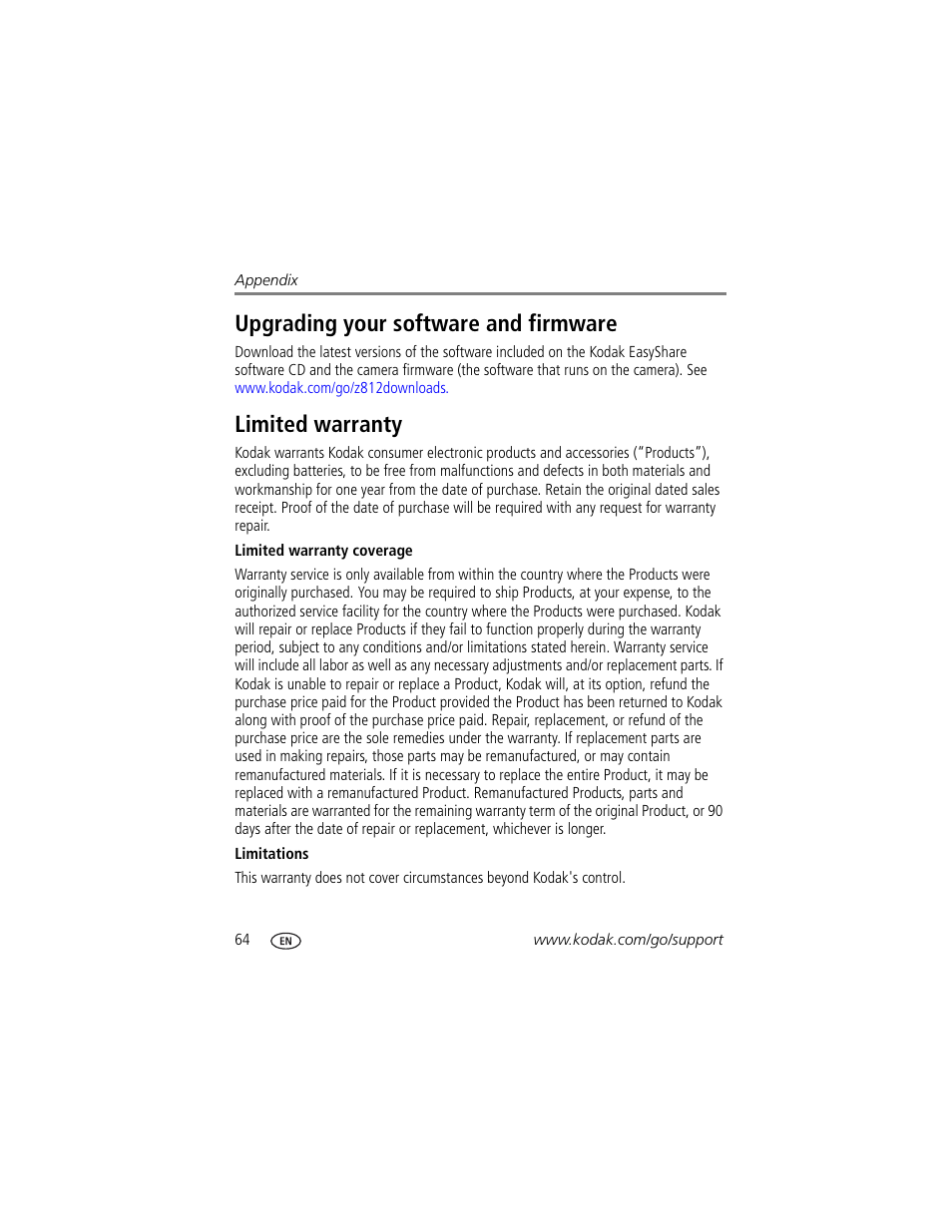 Upgrading your software and firmware, Limited warranty | Kodak Z812 IS User Manual | Page 70 / 80