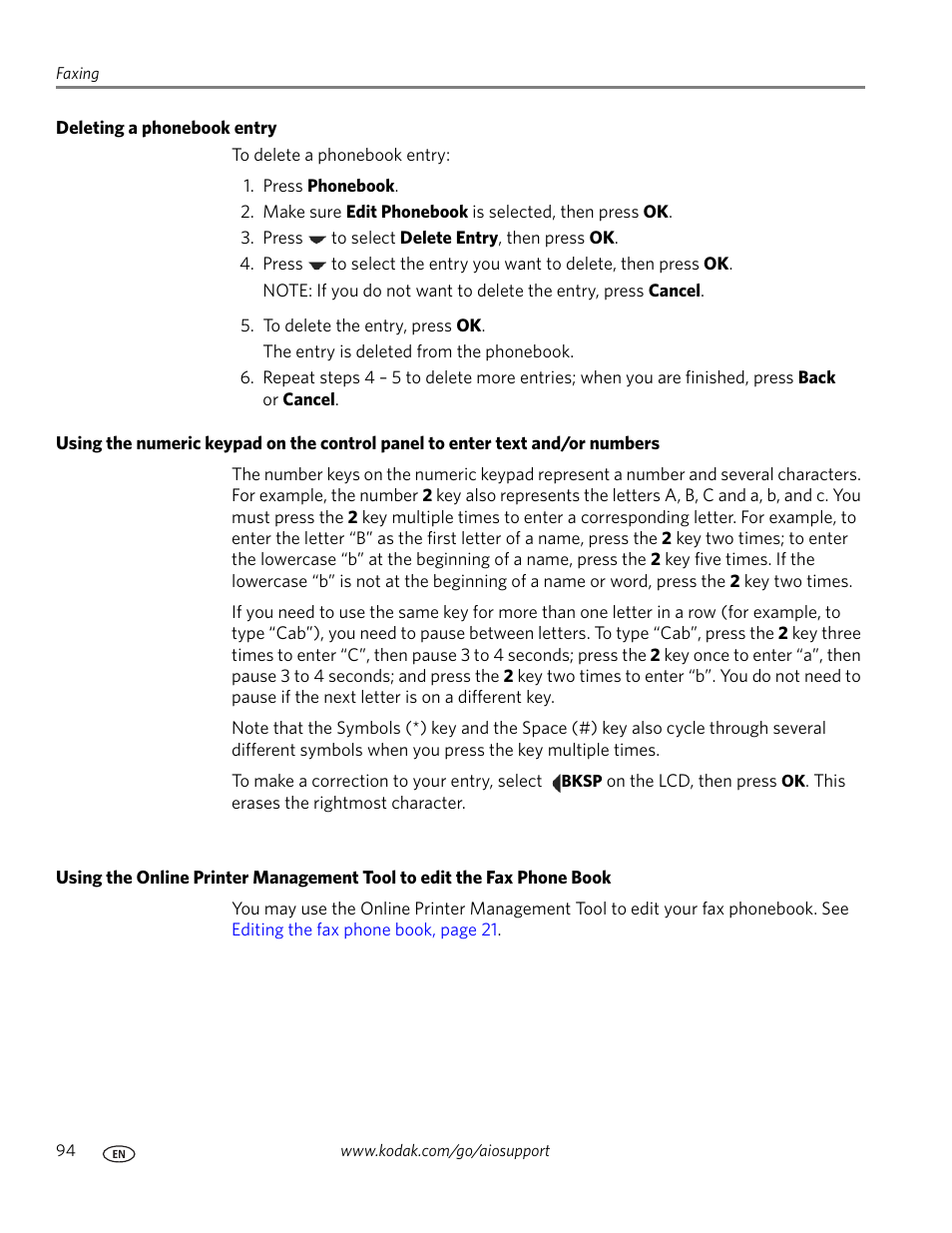 Deleting a phonebook entry, Using the | Kodak OFFICE HERO 6.1 User Manual | Page 100 / 144