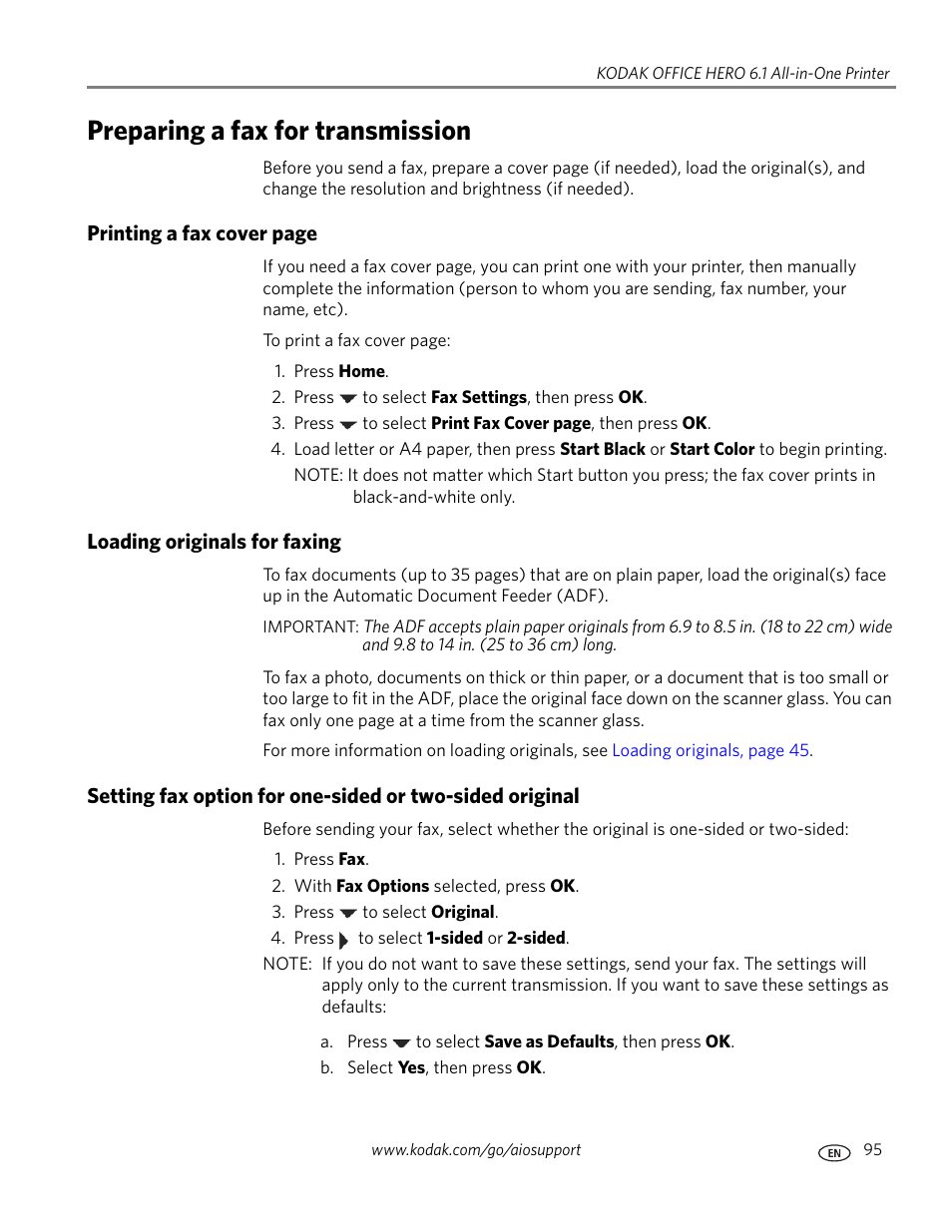 Preparing a fax for transmission, Loading originals for faxing | Kodak OFFICE HERO 6.1 User Manual | Page 101 / 144