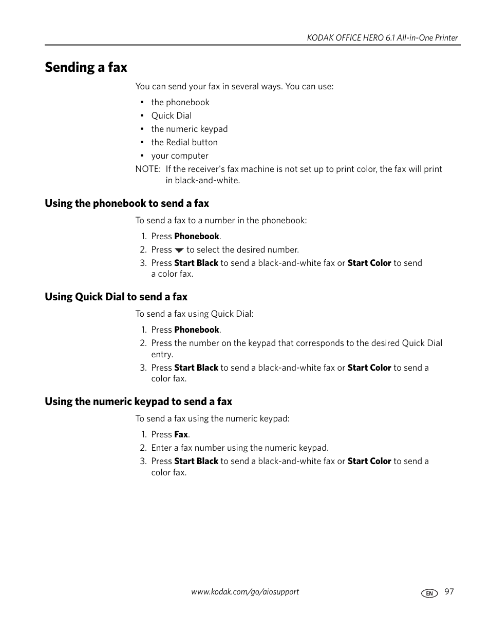 Sending a fax, Using the phonebook to send a fax, Using quick dial to send a fax | Using the numeric keypad to send a fax | Kodak OFFICE HERO 6.1 User Manual | Page 103 / 144