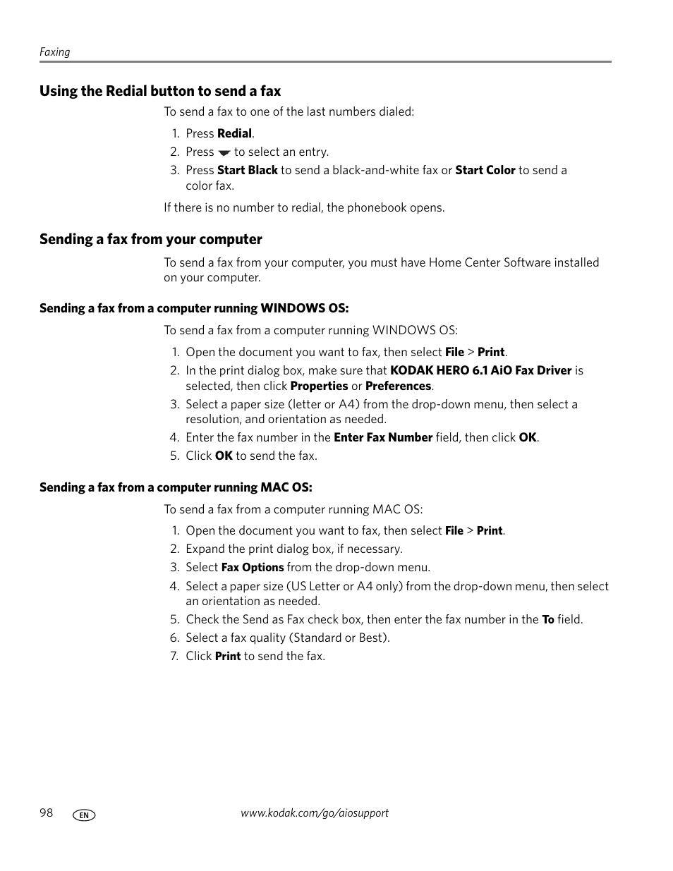 Using the redial button to send a fax, Sending a fax from your computer, Sending a fax from a computer running windows os | Sending a fax from a computer running mac os | Kodak OFFICE HERO 6.1 User Manual | Page 104 / 144