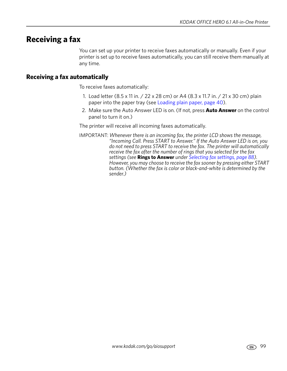 Receiving a fax, Receiving a fax automatically | Kodak OFFICE HERO 6.1 User Manual | Page 105 / 144