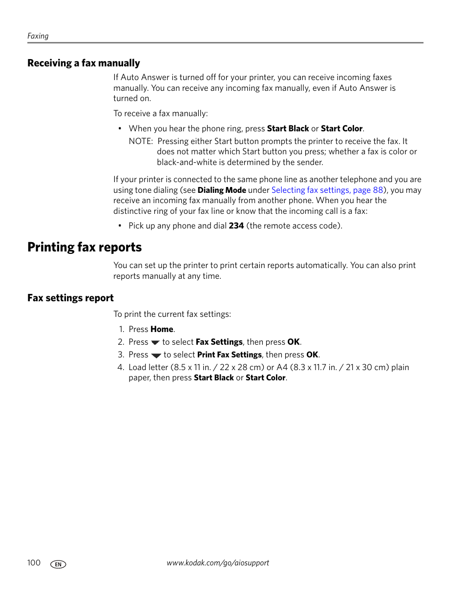 Receiving a fax manually, Printing fax reports, Fax settings report | Kodak OFFICE HERO 6.1 User Manual | Page 106 / 144