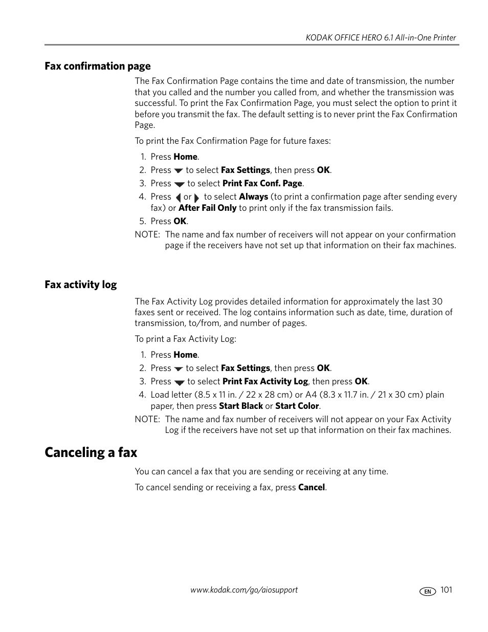 Fax activity log, Canceling a fax | Kodak OFFICE HERO 6.1 User Manual | Page 107 / 144