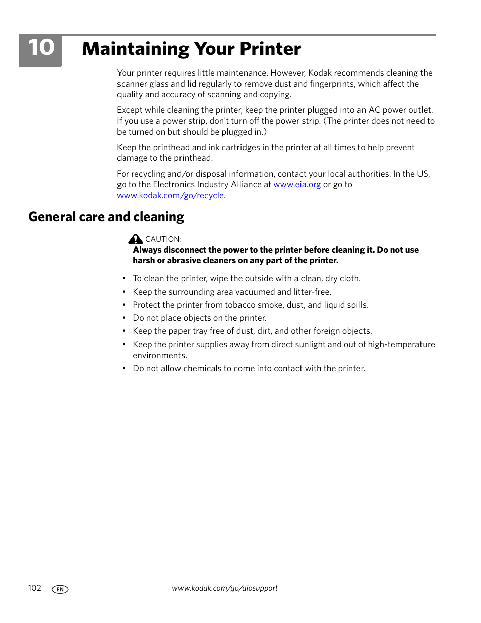 Maintaining your printer, General care and cleaning, 10 maintaining your printer | Kodak OFFICE HERO 6.1 User Manual | Page 108 / 144