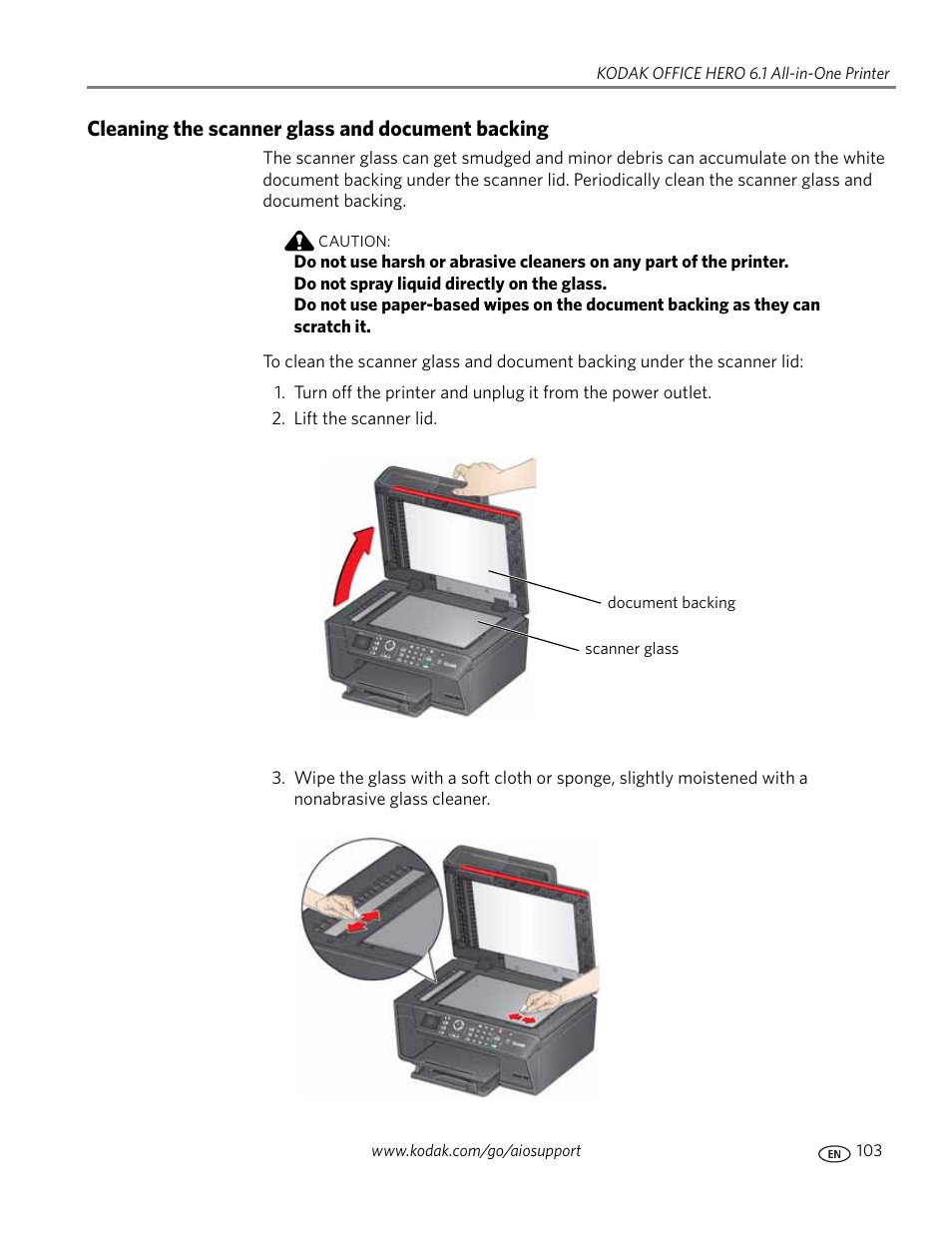 Cleaning the scanner glass and document backing | Kodak OFFICE HERO 6.1 User Manual | Page 109 / 144