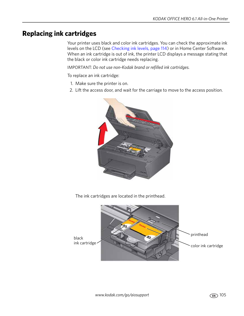 Replacing ink cartridges | Kodak OFFICE HERO 6.1 User Manual | Page 111 / 144