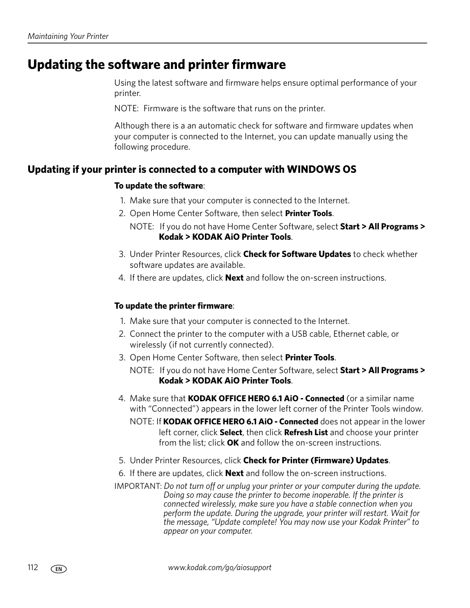 Updating the software and printer firmware | Kodak OFFICE HERO 6.1 User Manual | Page 118 / 144