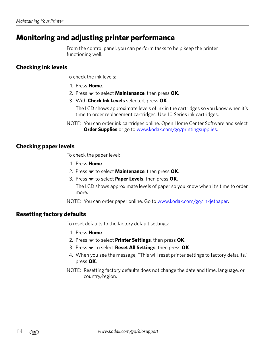 Monitoring and adjusting printer performance, Checking ink levels, Checking paper levels | Resetting factory defaults, Resetting factory | Kodak OFFICE HERO 6.1 User Manual | Page 120 / 144