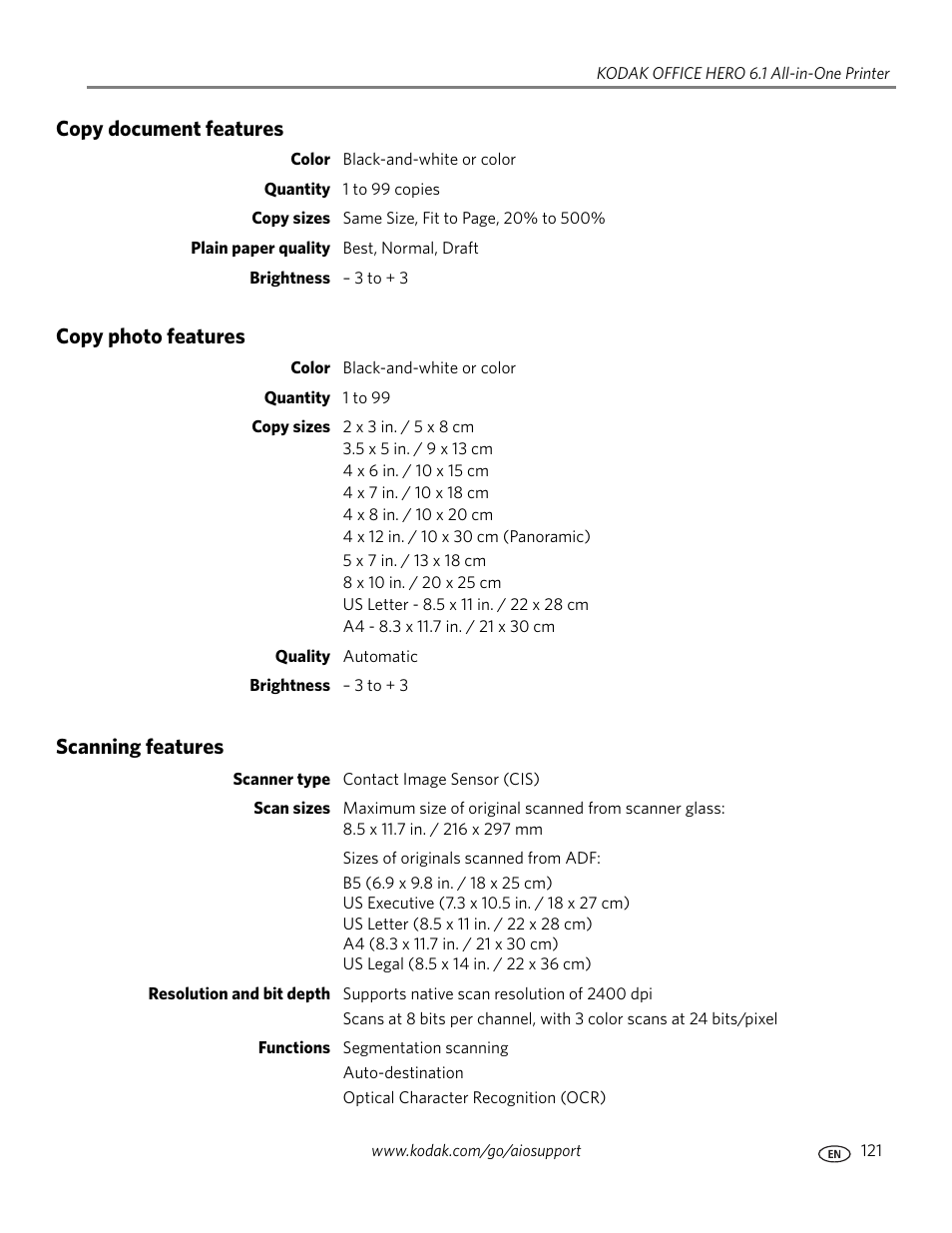 Copy document features, Copy photo features, Scanning features | Kodak OFFICE HERO 6.1 User Manual | Page 127 / 144