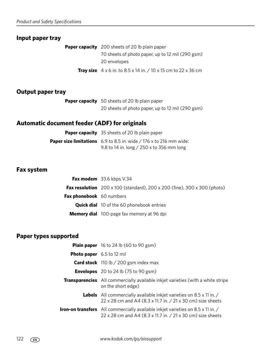 Input paper tray, Output paper tray, Automatic document feeder (adf) for originals | Fax system, Paper types supported | Kodak OFFICE HERO 6.1 User Manual | Page 128 / 144