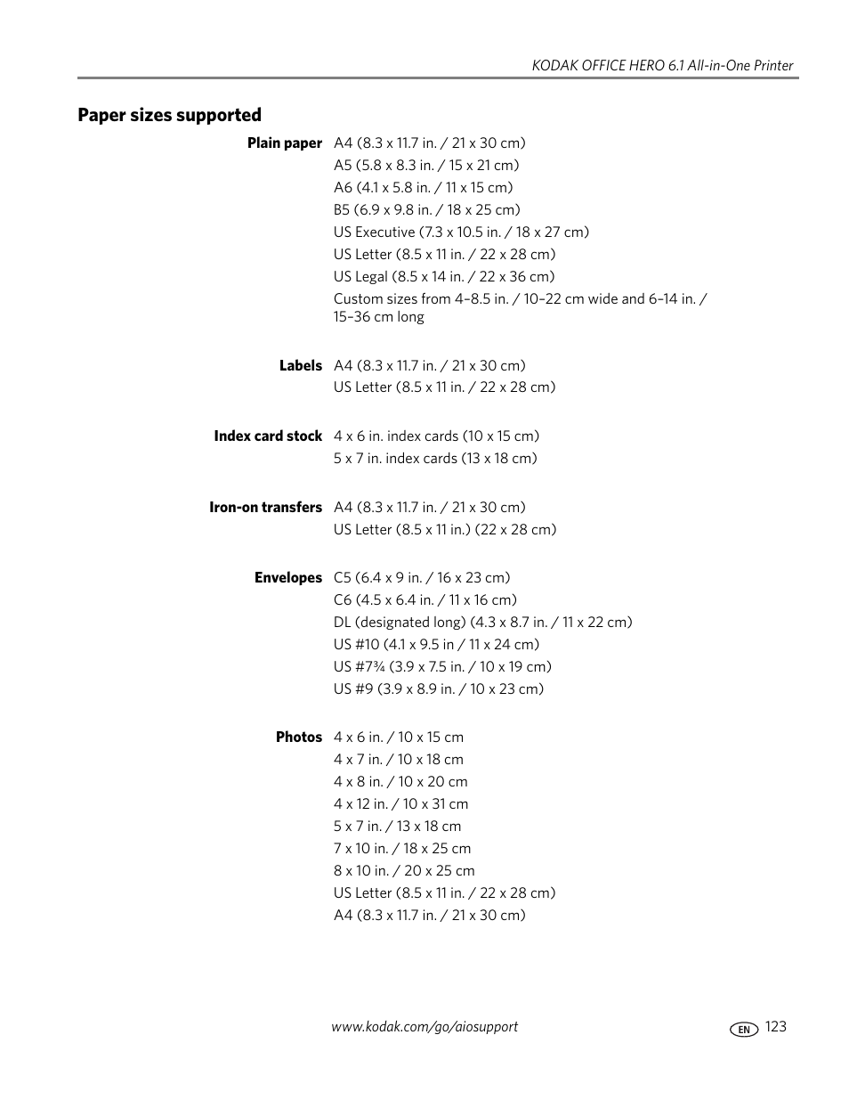 Paper sizes supported | Kodak OFFICE HERO 6.1 User Manual | Page 129 / 144