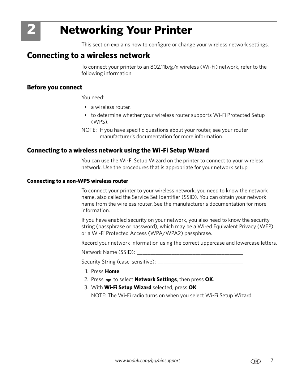 Networking your printer, Connecting to a wireless network, Before you connect | Connecting to a non-wps wireless router, 2 networking your printer | Kodak OFFICE HERO 6.1 User Manual | Page 13 / 144