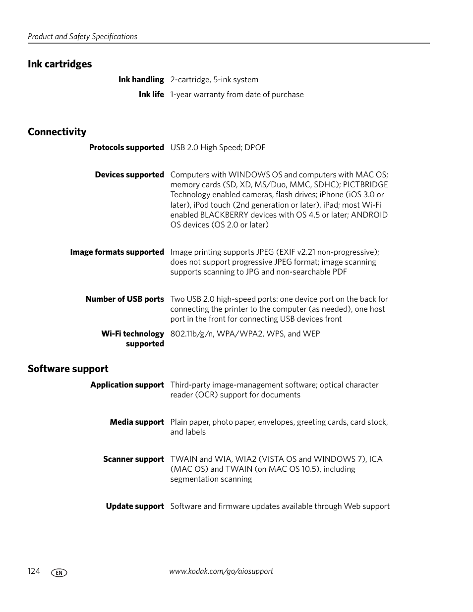 Ink cartridges, Connectivity, Software support | Ink cartridges connectivity software support | Kodak OFFICE HERO 6.1 User Manual | Page 130 / 144