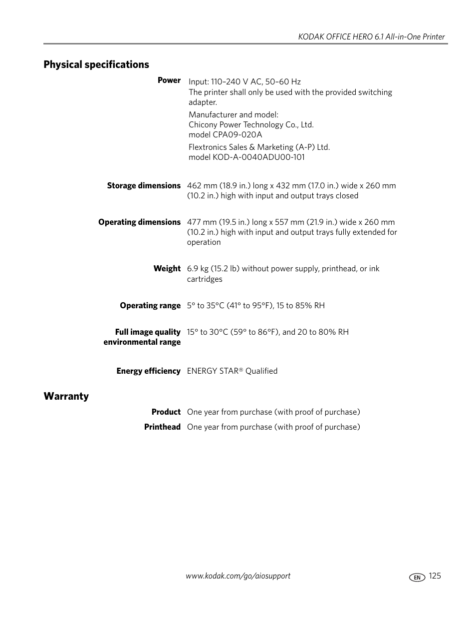 Physical specifications, Warranty, Physical specifications warranty | Kodak OFFICE HERO 6.1 User Manual | Page 131 / 144