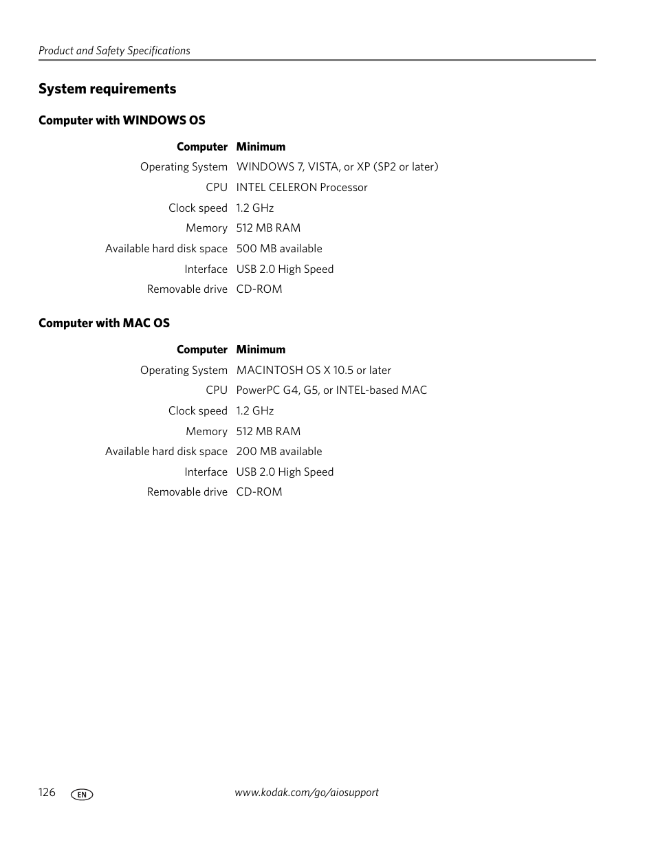 System requirements, Computer with windows os, Computer with mac os | Kodak OFFICE HERO 6.1 User Manual | Page 132 / 144