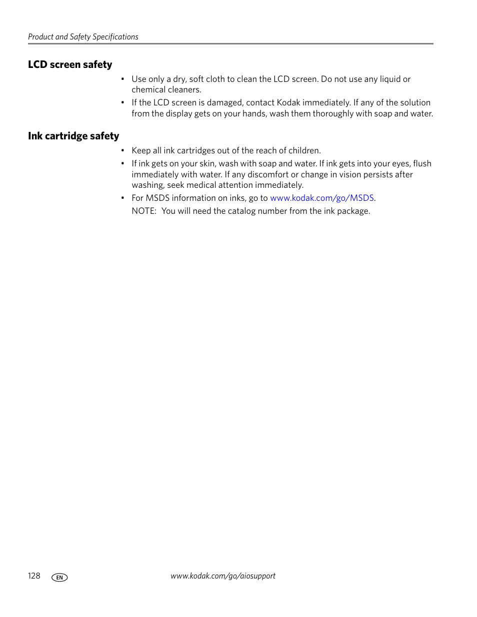 Lcd screen safety, Ink cartridge safety, Lcd screen safety ink cartridge safety | Kodak OFFICE HERO 6.1 User Manual | Page 134 / 144