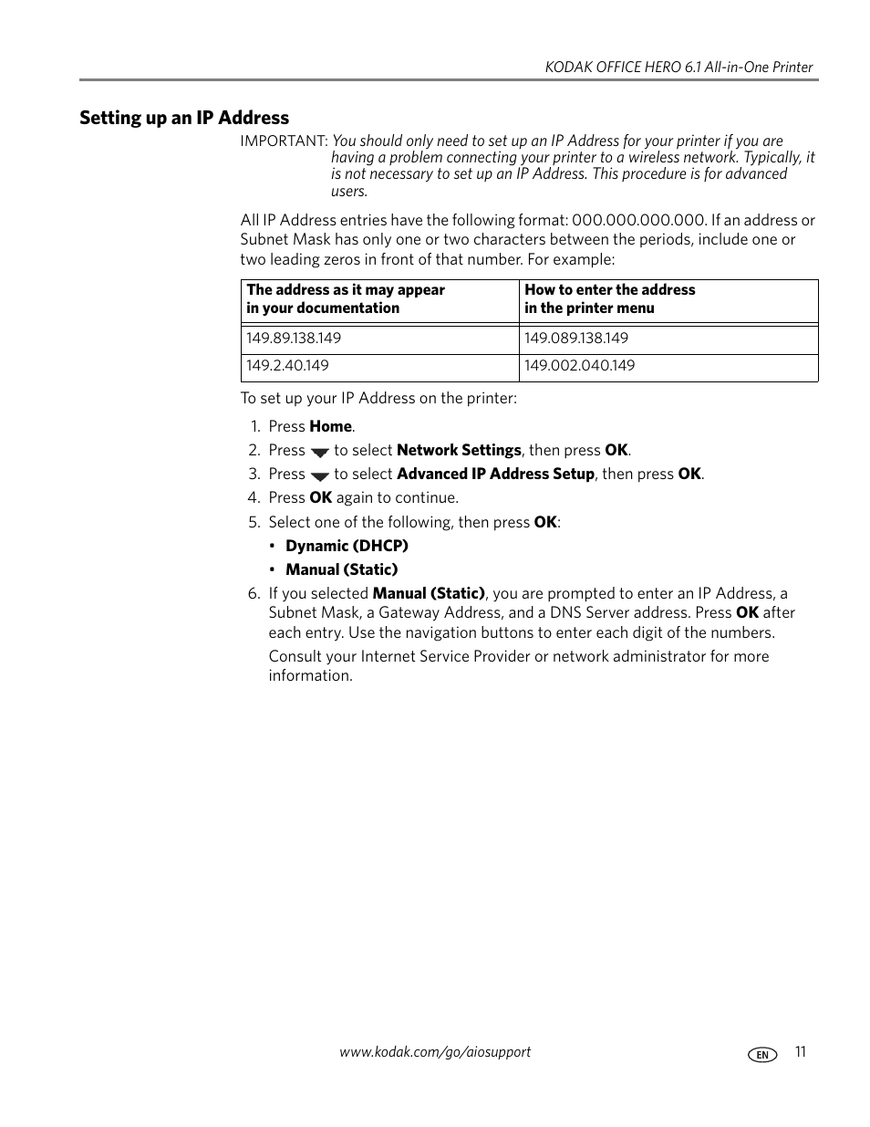 Setting up an ip address | Kodak OFFICE HERO 6.1 User Manual | Page 17 / 144