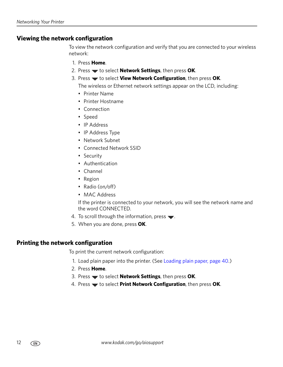 Viewing the network configuration, Printing the network configuration | Kodak OFFICE HERO 6.1 User Manual | Page 18 / 144