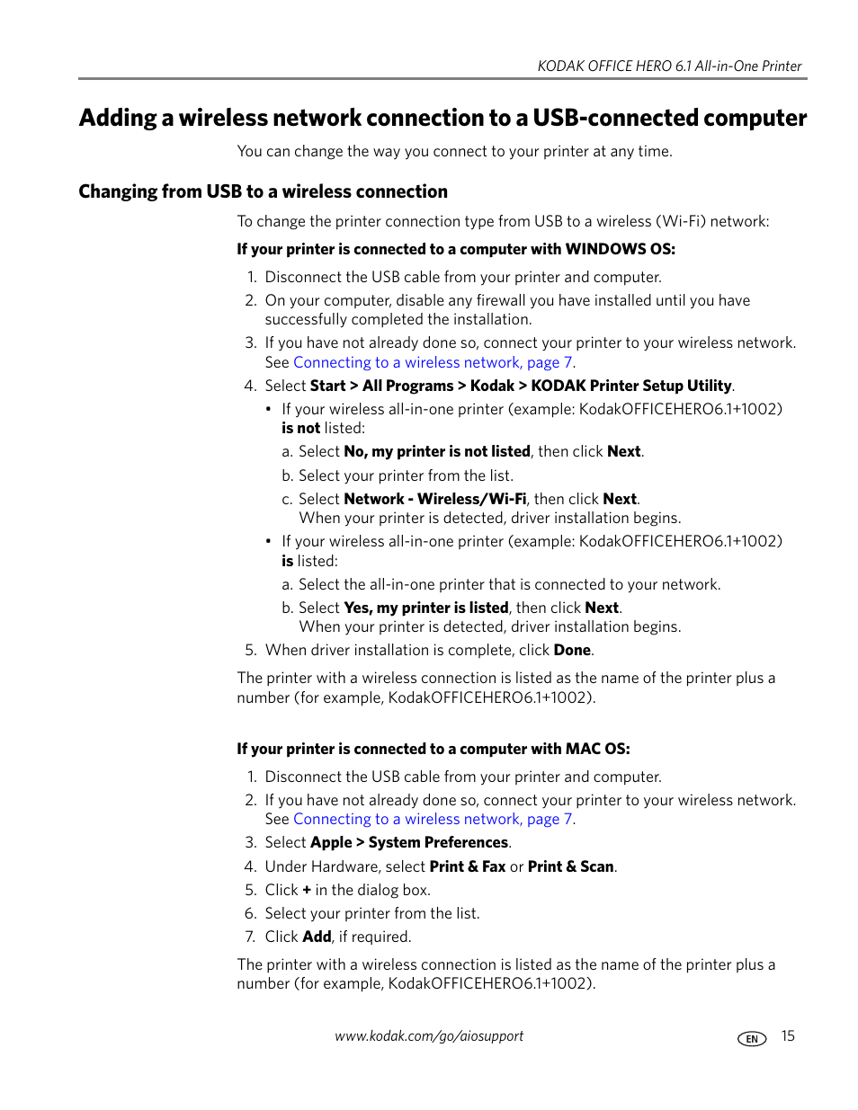 Changing from usb to a wireless connection | Kodak OFFICE HERO 6.1 User Manual | Page 21 / 144