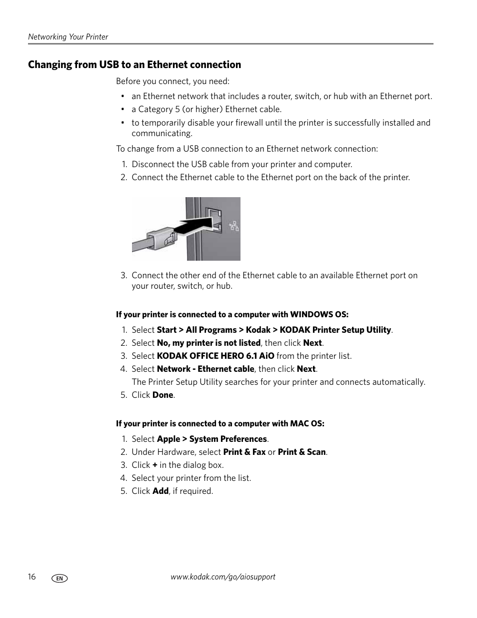 Changing from usb to an ethernet connection | Kodak OFFICE HERO 6.1 User Manual | Page 22 / 144