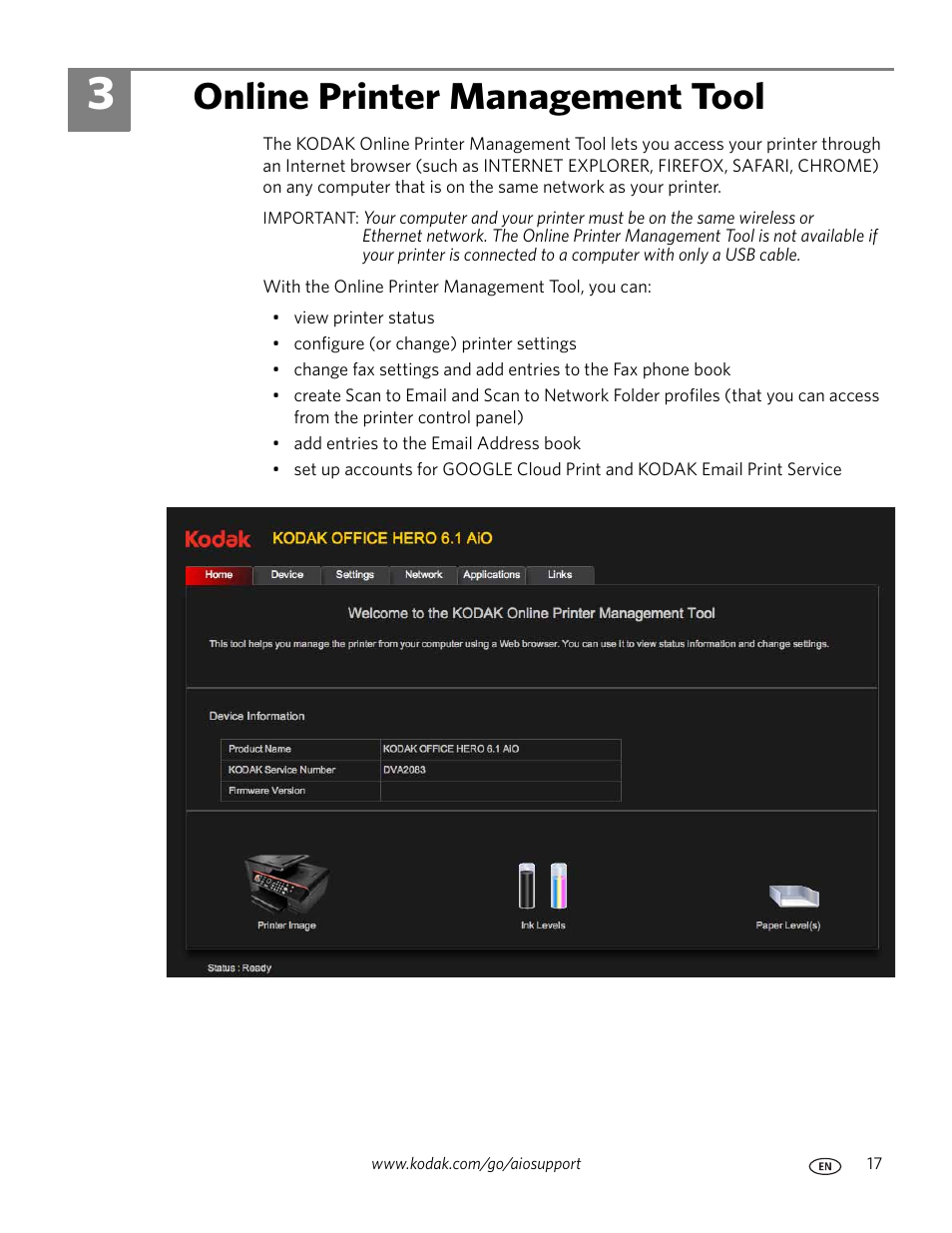 Online printer management tool, 3 online printer management tool | Kodak OFFICE HERO 6.1 User Manual | Page 23 / 144