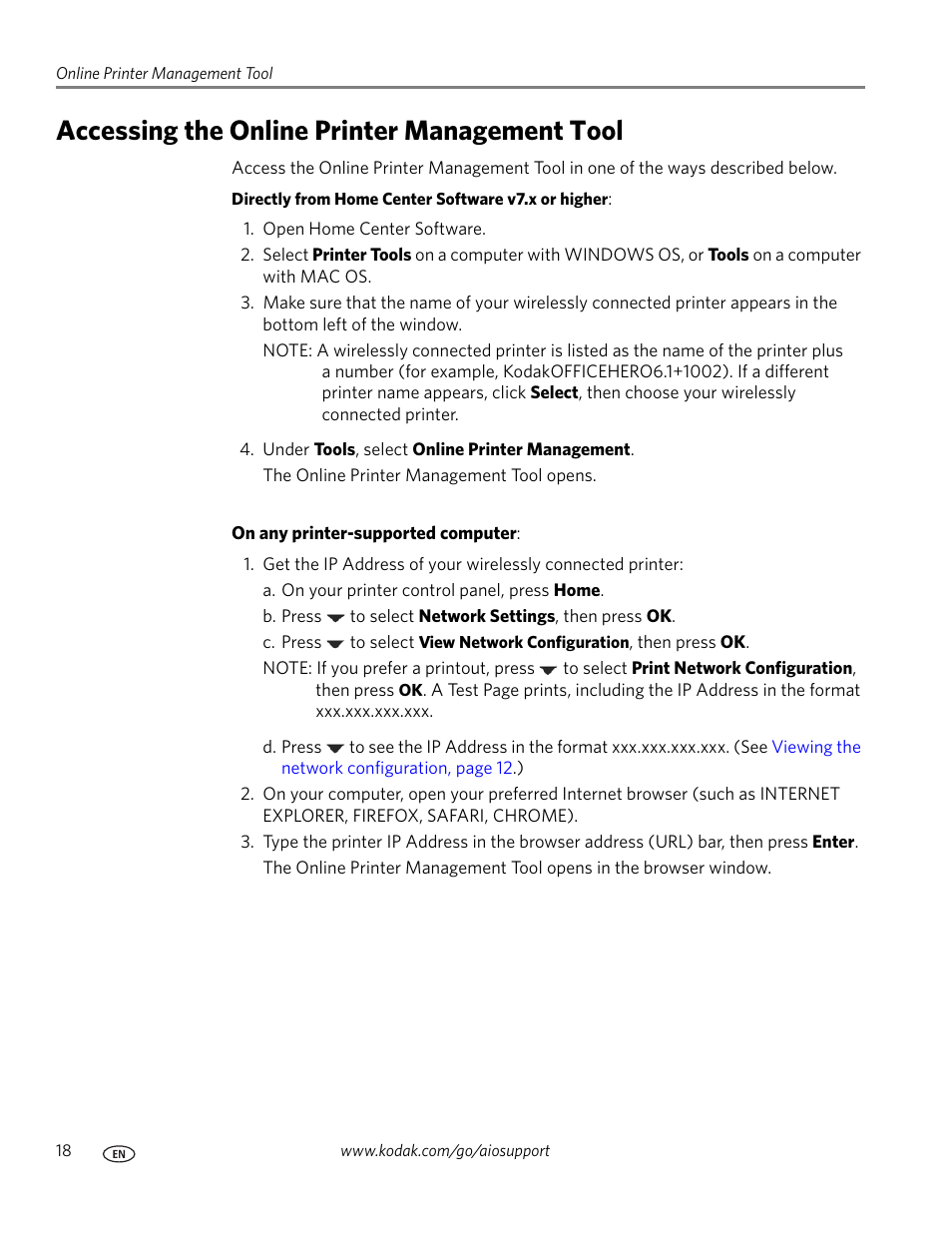 Accessing the online printer management tool | Kodak OFFICE HERO 6.1 User Manual | Page 24 / 144