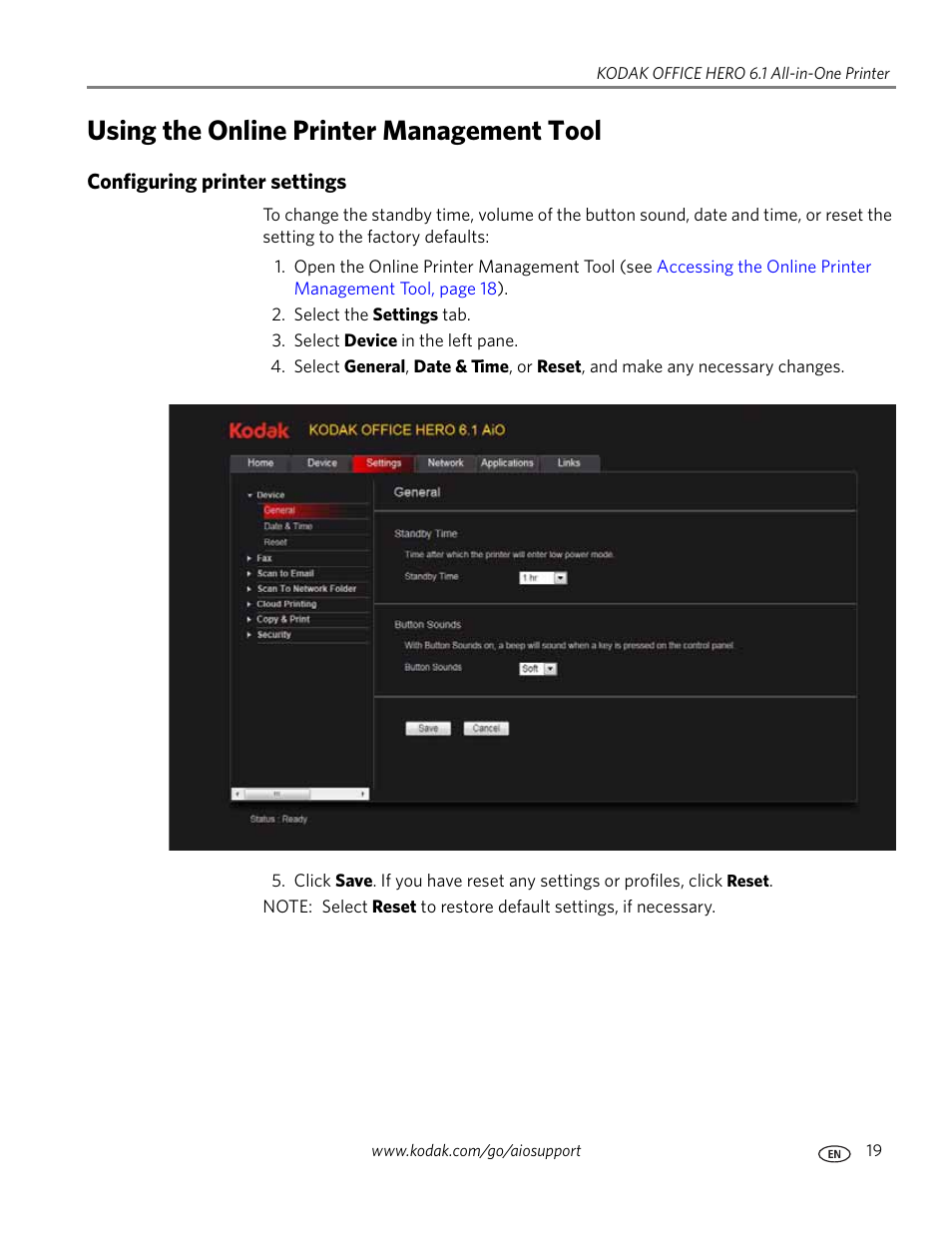 Using the online printer management tool, Configuring printer settings | Kodak OFFICE HERO 6.1 User Manual | Page 25 / 144