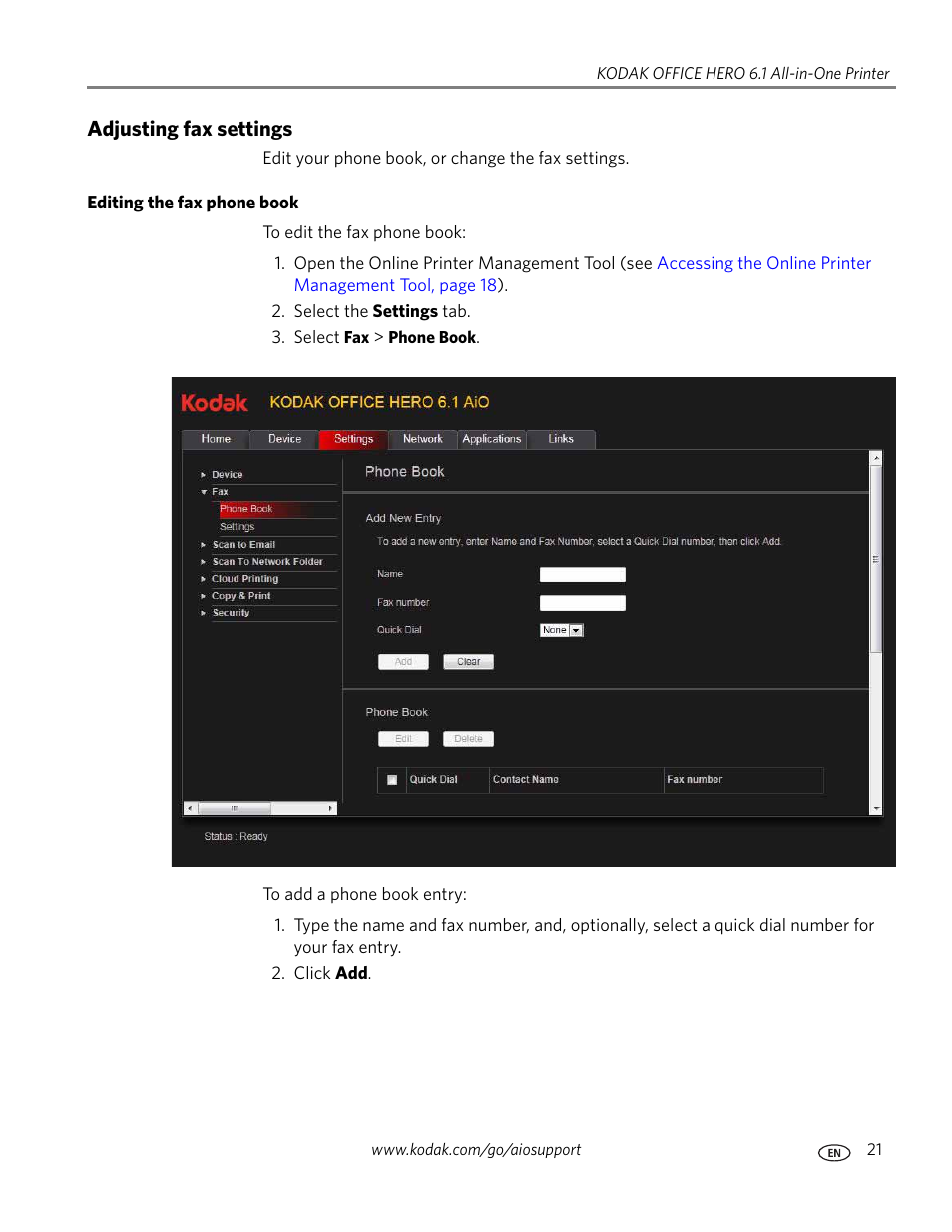 Adjusting fax settings, Editing the fax phone book | Kodak OFFICE HERO 6.1 User Manual | Page 27 / 144