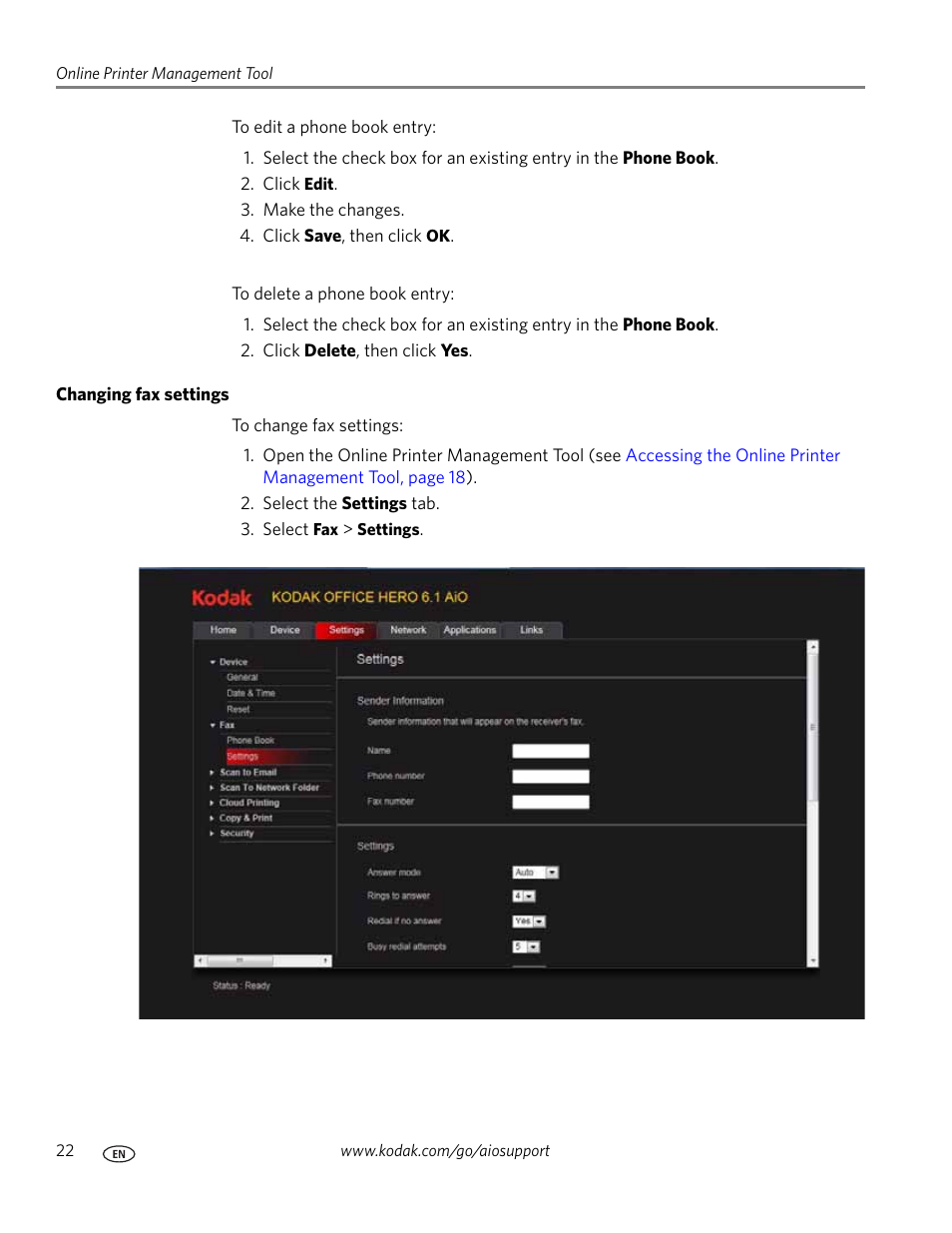 Changing fax settings | Kodak OFFICE HERO 6.1 User Manual | Page 28 / 144