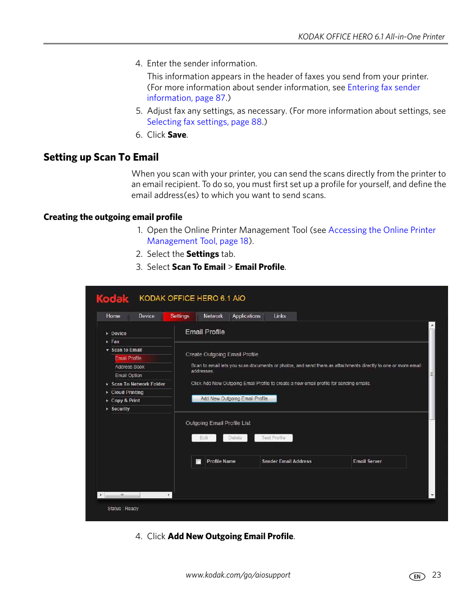 Setting up scan to email, Creating the outgoing email profile | Kodak OFFICE HERO 6.1 User Manual | Page 29 / 144