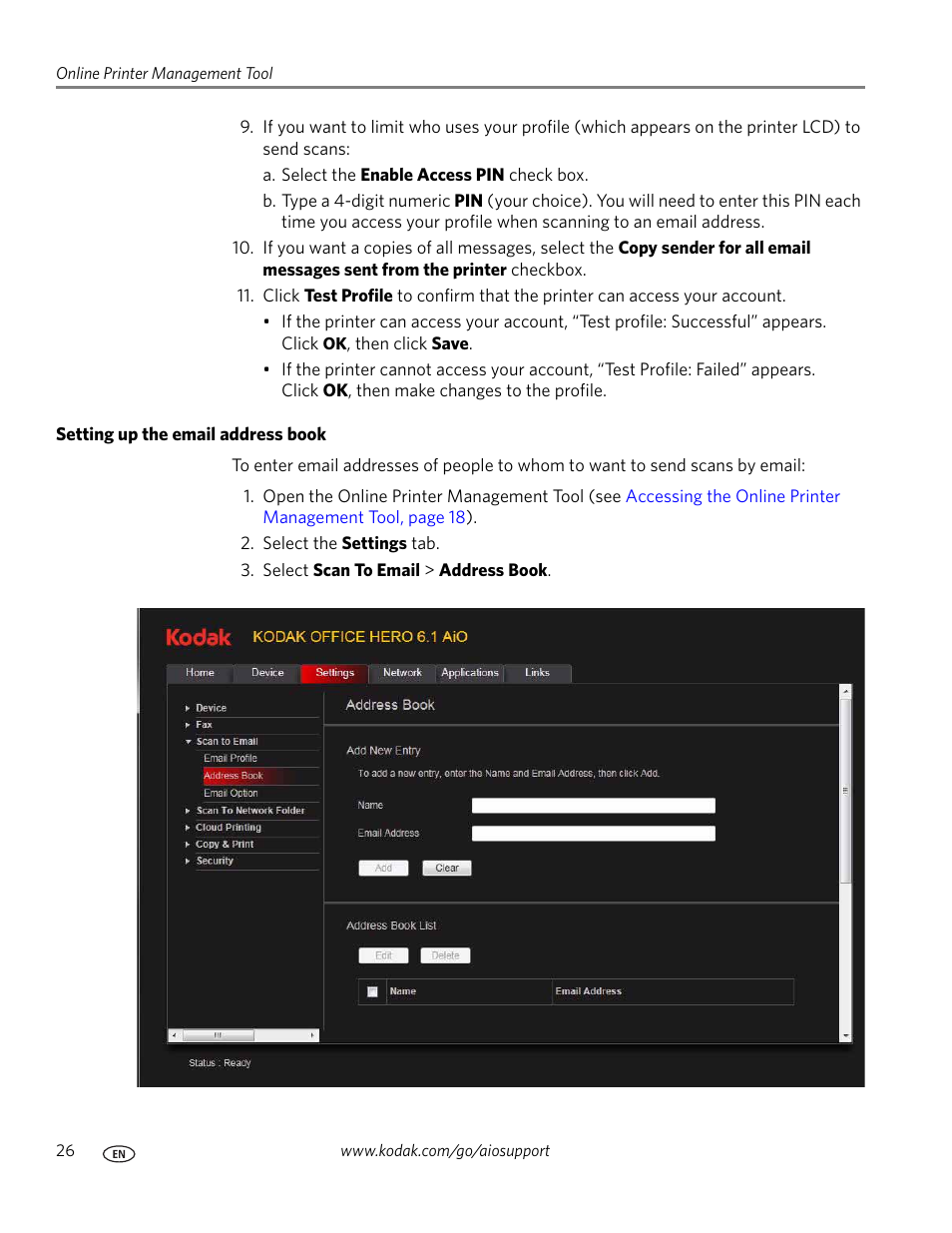 Setting up the email address book | Kodak OFFICE HERO 6.1 User Manual | Page 32 / 144