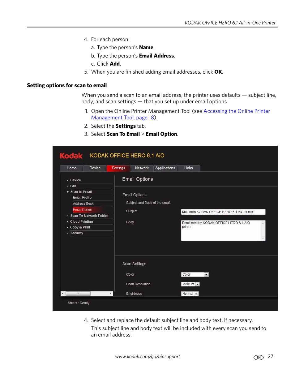 Setting options for scan to email | Kodak OFFICE HERO 6.1 User Manual | Page 33 / 144