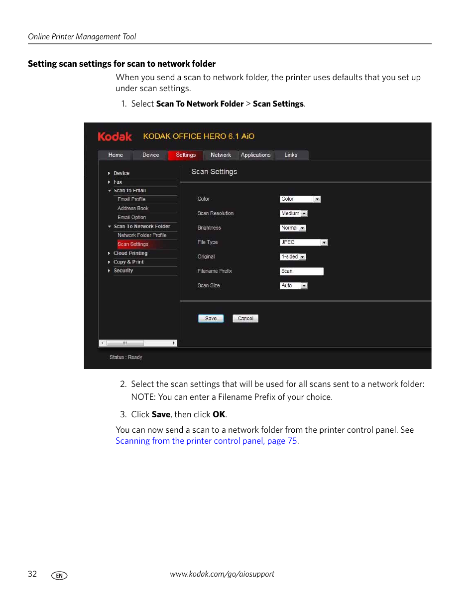 Setting scan settings for scan to network folder | Kodak OFFICE HERO 6.1 User Manual | Page 38 / 144