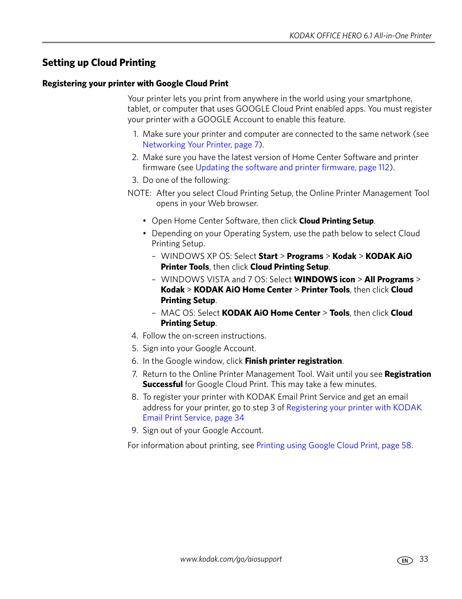 Setting up cloud printing, Registering your printer with google cloud print | Kodak OFFICE HERO 6.1 User Manual | Page 39 / 144